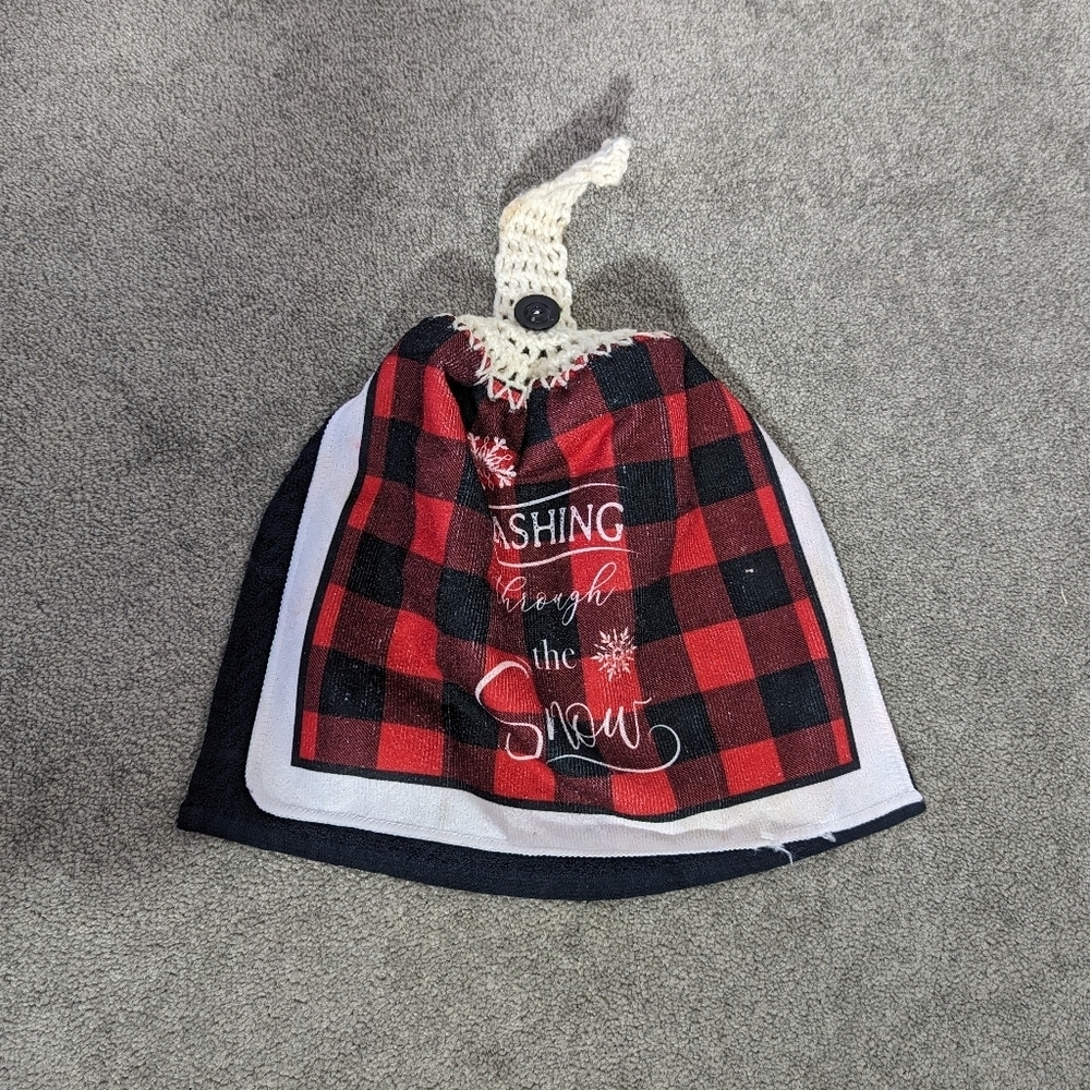 Buffalo Check Crochet Top Kitchen Towel with Snowy Slogan One Size